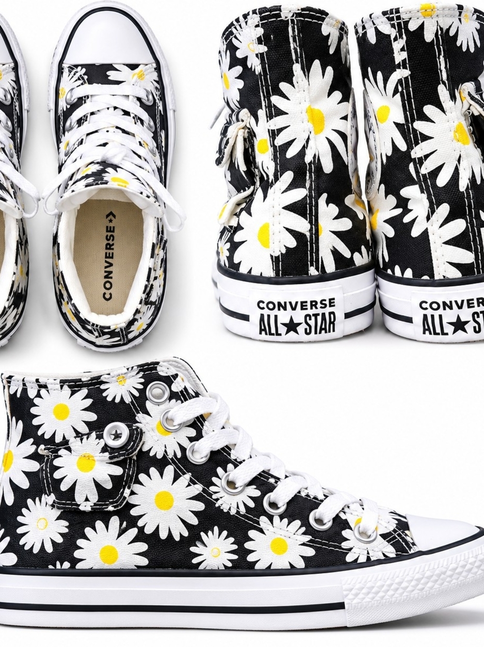 Converse Black & White Daisy High-Top Sneakers with Yellow Centers